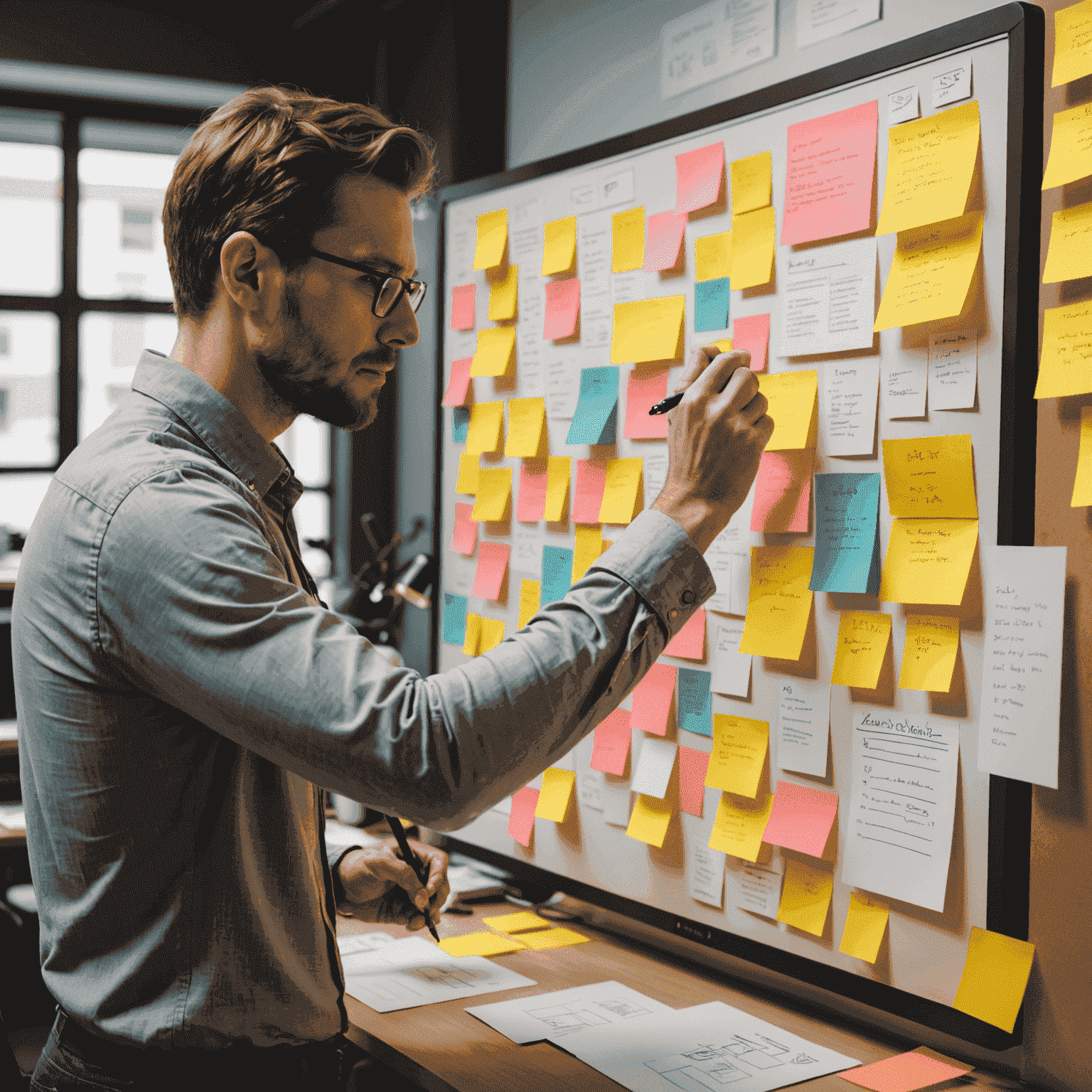 Diseñador UX trabajando en un prototipo de interfaz de usuario, rodeado de notas adhesivas con ideas de usuarios y diagramas de flujo