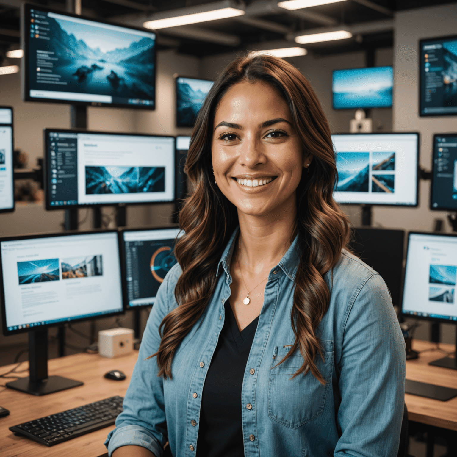 María Rodríguez sonriendo en su nuevo lugar de trabajo, rodeada de pantallas con diseños UX