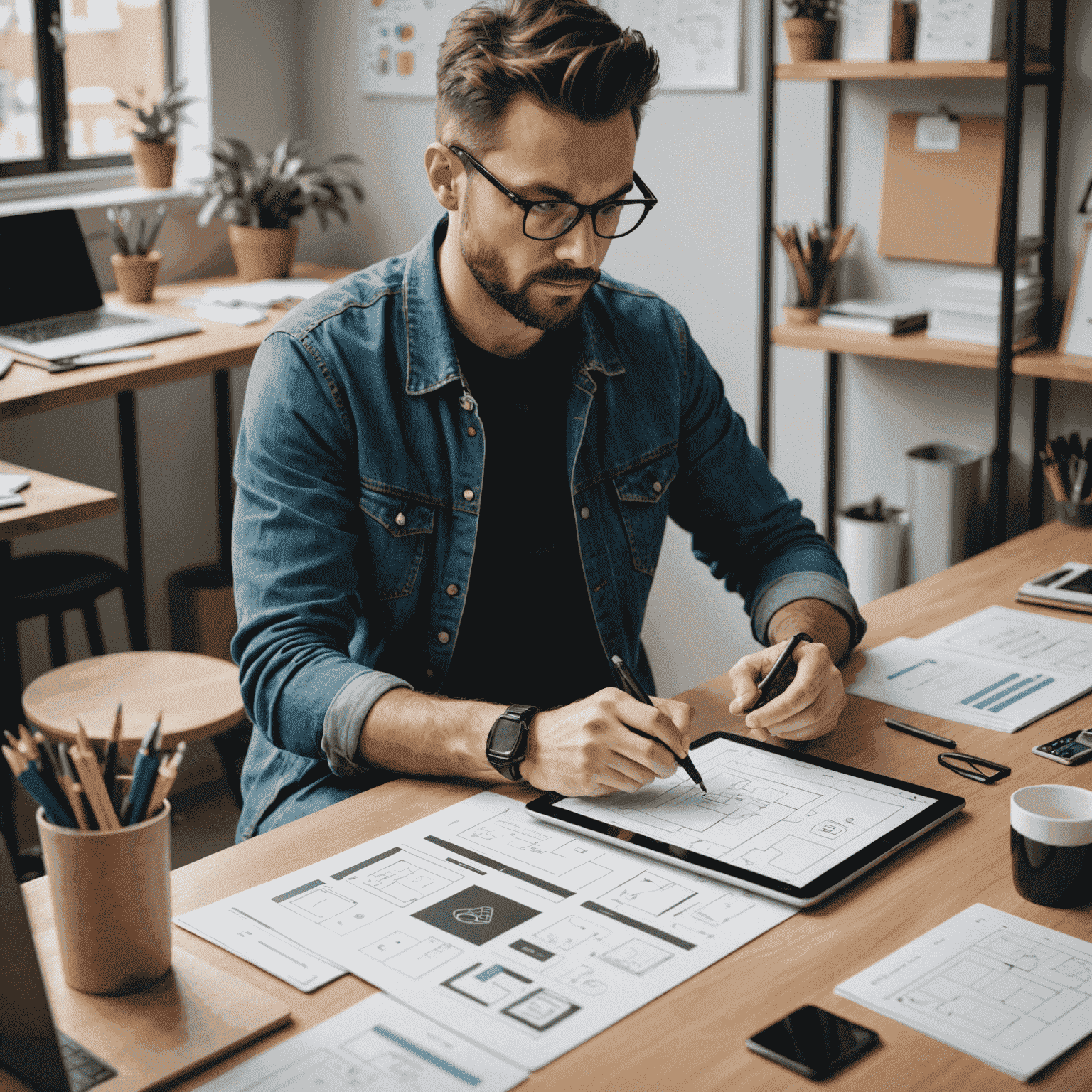 Diseñador UX/UI trabajando en un prototipo en una tableta, rodeado de bocetos y diagramas de flujo