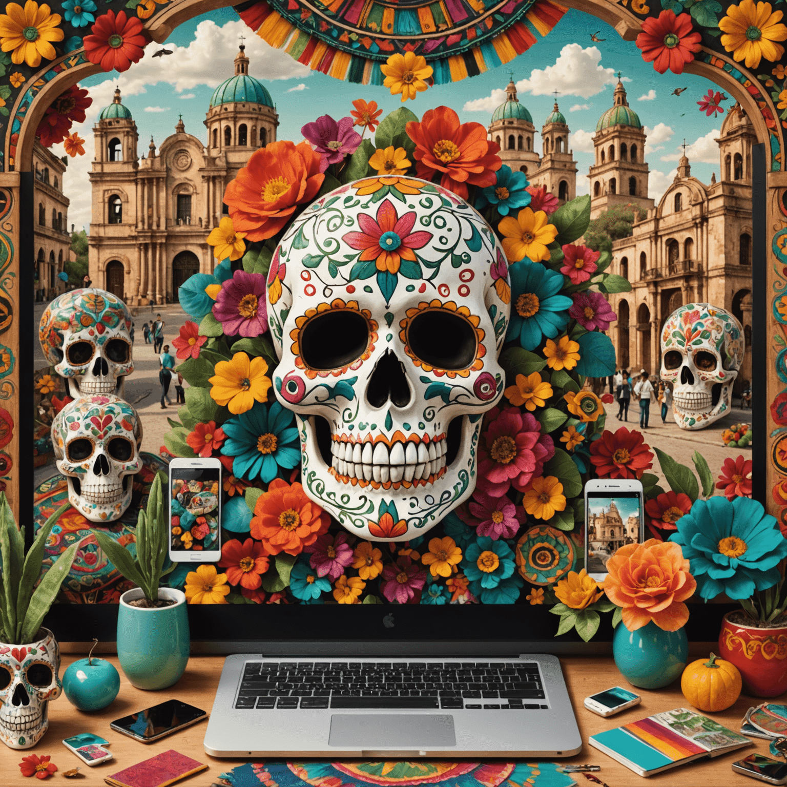 Collage de elementos culturales mexicanos como calaveras de azúcar, textiles coloridos y arquitectura colonial junto a dispositivos móviles y computadoras, representando la fusión de la cultura mexicana y el diseño digital