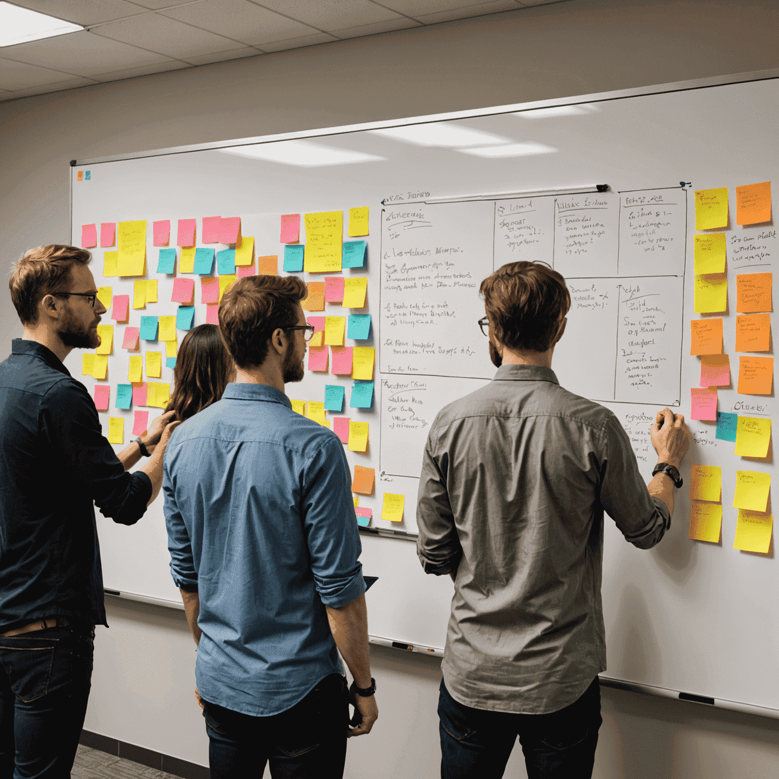 Grupo de diseñadores UX/UI colaborando en una sesión de diseño centrado en el usuario, utilizando pizarras y notas adhesivas para mapear la experiencia del usuario