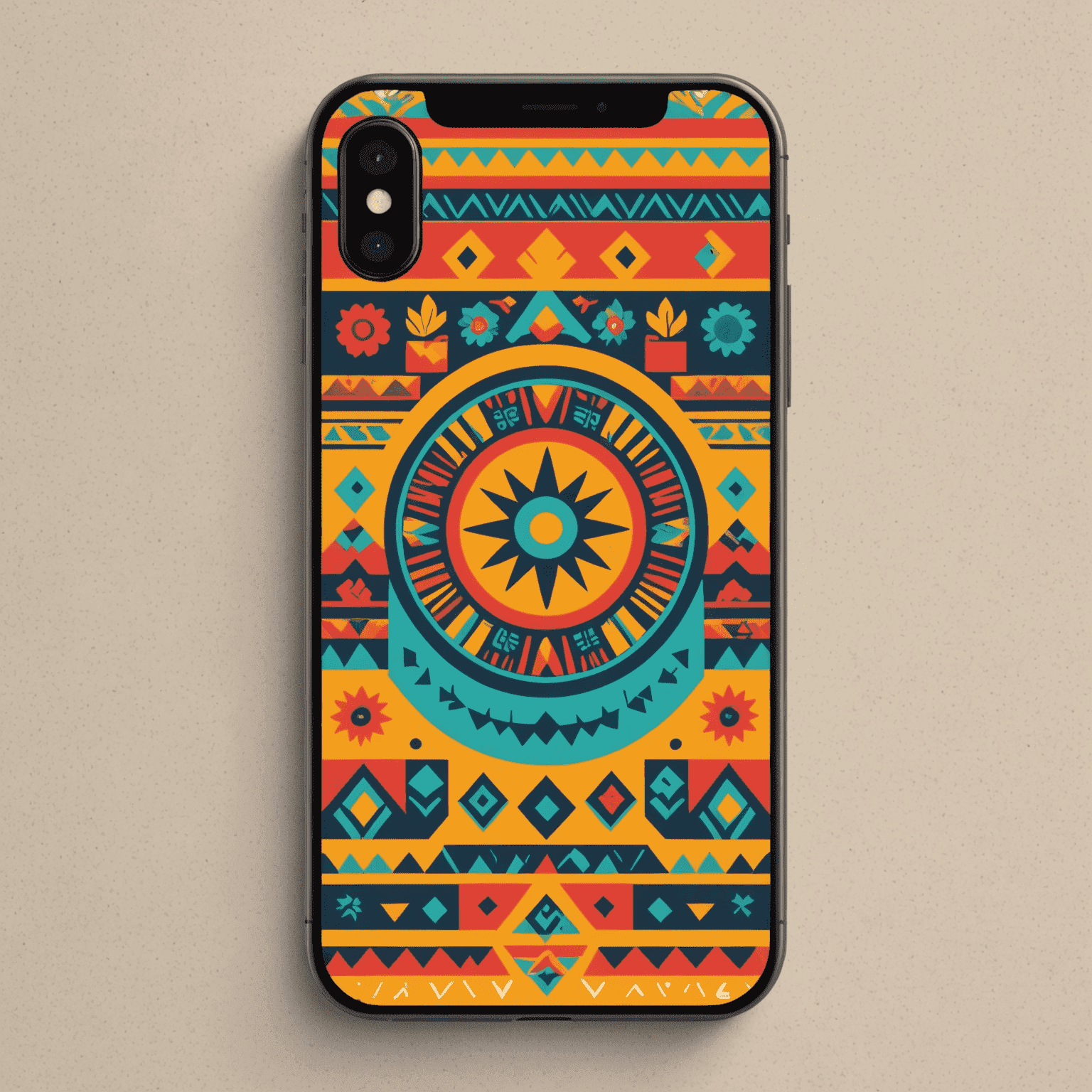 Captura de pantalla de una aplicación móvil con diseño minimalista, utilizando colores brillantes inspirados en textiles mexicanos y iconos simplificados basados en símbolos aztecas