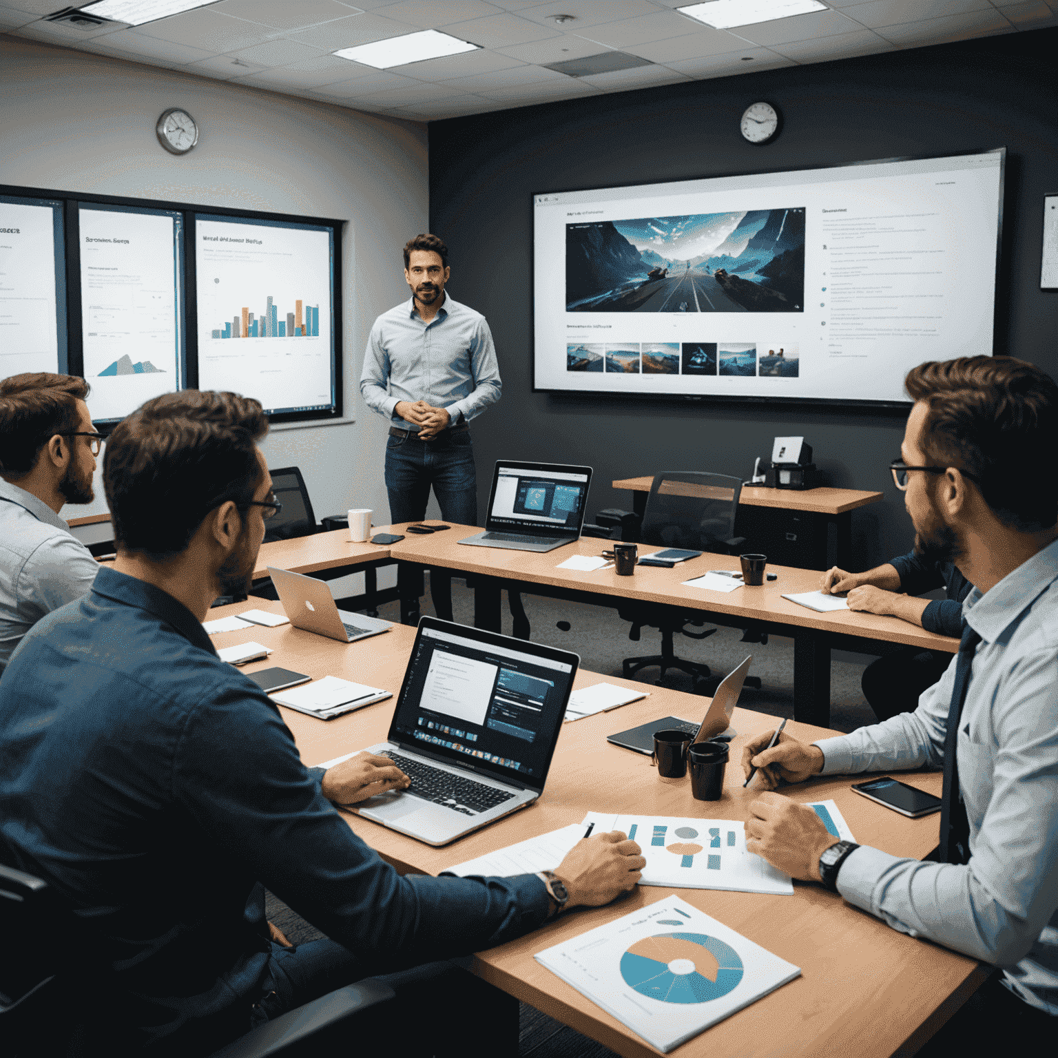 Carlos Méndez presentando sus diseños UI en una reunión de equipo