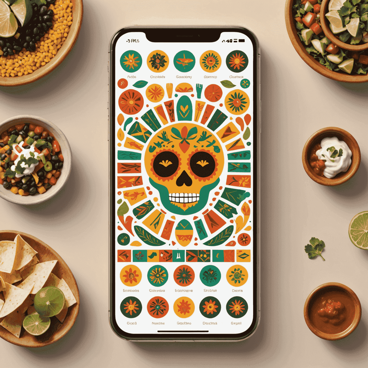 Interfaz de una aplicación móvil con diseño mexicano moderno, mostrando funciones de compartir con familia y amigos, utilizando iconos culturalmente relevantes y una paleta de colores inspirada en la artesanía mexicana