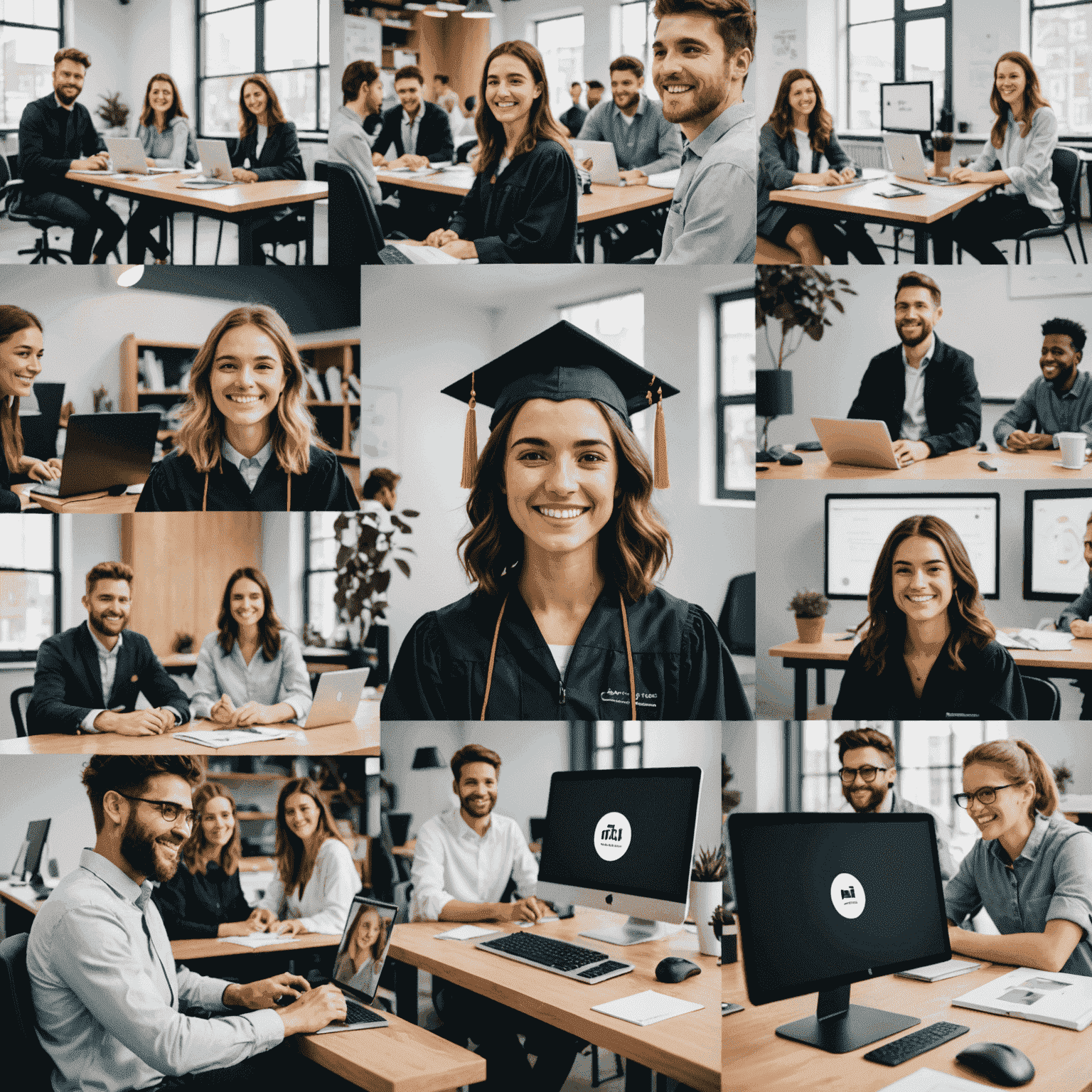 Montaje de fotos de graduados sonrientes en sus nuevos lugares de trabajo, mostrando sus proyectos de diseño UX/UI en pantallas de computadora.