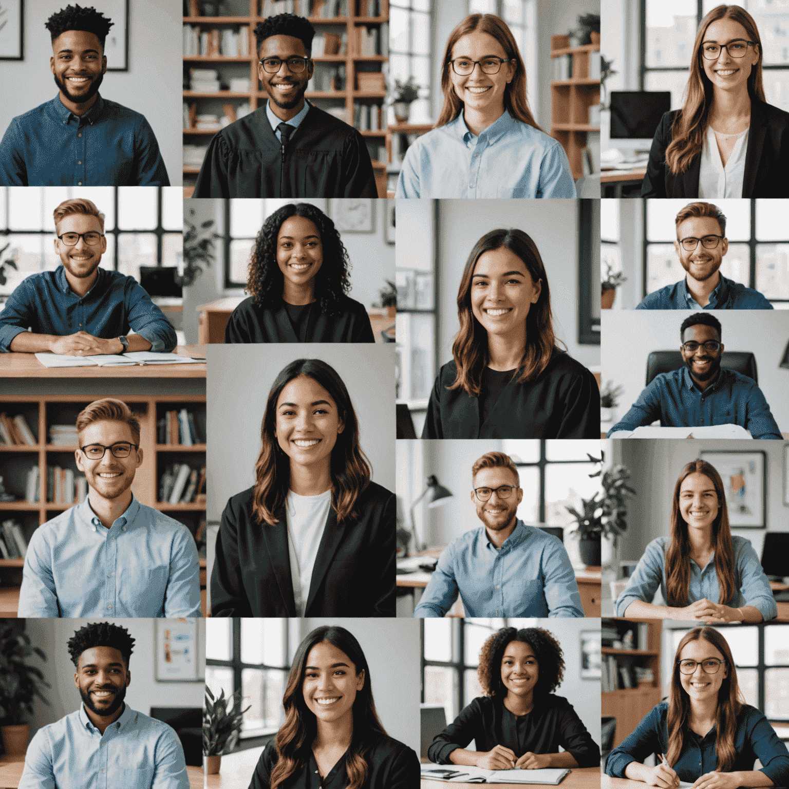 Collage de retratos de graduados sonrientes en sus nuevos lugares de trabajo, mostrando sus proyectos de diseño UX/UI en pantallas.