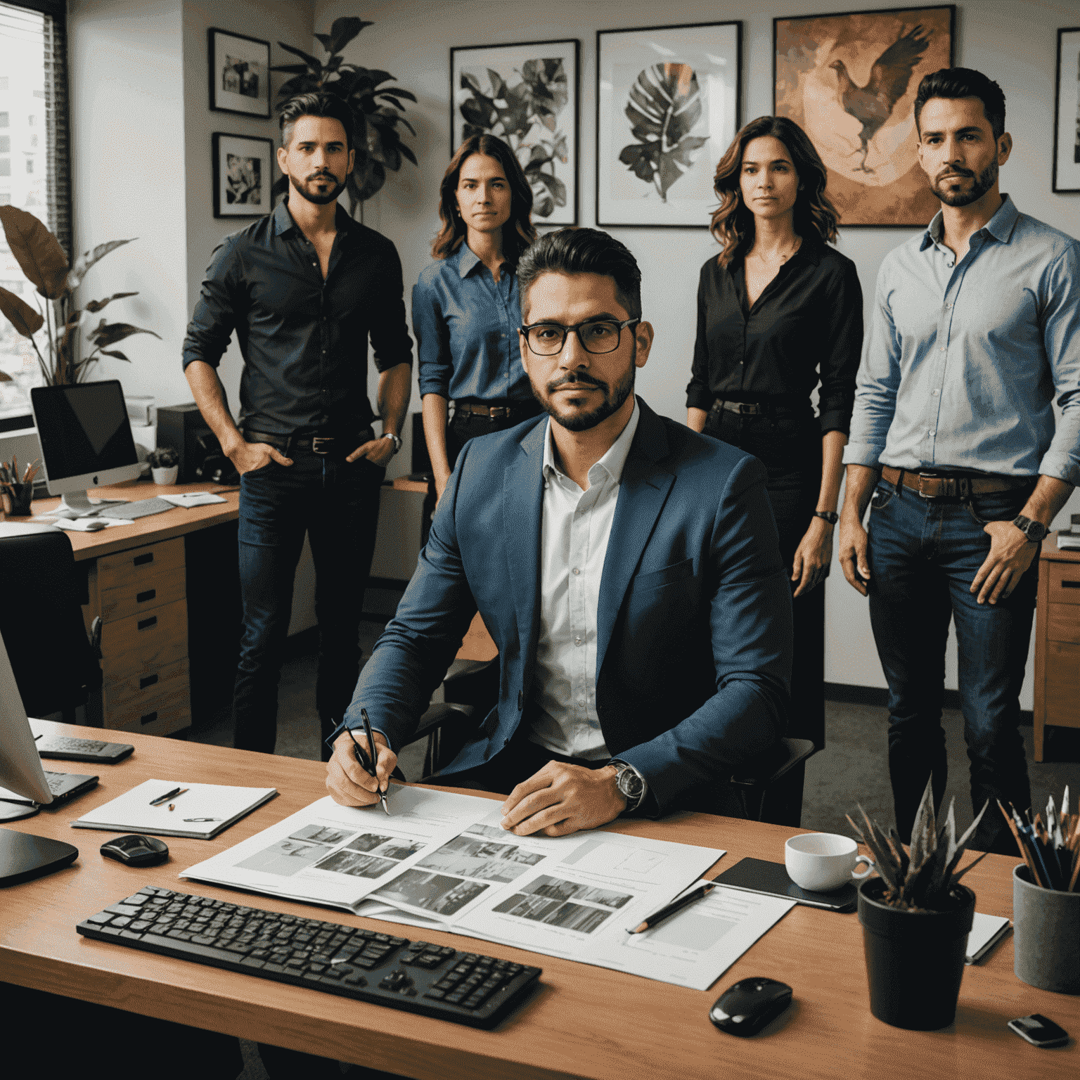 Javier Torres en la oficina de su agencia, rodeado de su equipo de diseñadores